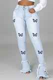 Fashion Casual Butterfly Print Split Joint High Waist Boot Cut Denim Jeans