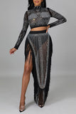 Sexy Solid Tassel Split Joint See-through Asymmetrical Hot Drill Half A Turtleneck Long Sleeve Two Pieces