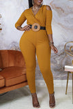 Fashion Casual Solid Hollowed Out V Neck Regular Jumpsuits (With Belt)