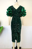 Elegant Solid Sequins Patchwork Fold V Neck Evening Dress Dresses
