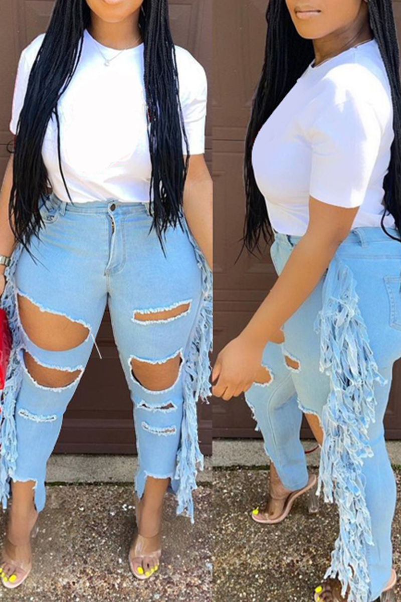 Casual Solid Tassel Ripped Plus Size Jeans