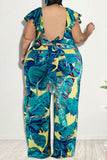 Casual Print Bandage Split Joint Backless V Neck Plus Size Two Pieces