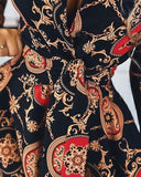 Baroque Print Plunge Tied Detail Ruffles Dress