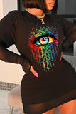 Fashion Street Eyes Printed Split Joint O Neck T-Shirts