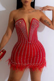 Sexy Patchwork Hot Drilling See-through Feathers Backless V Neck Strapless Dress Dresses