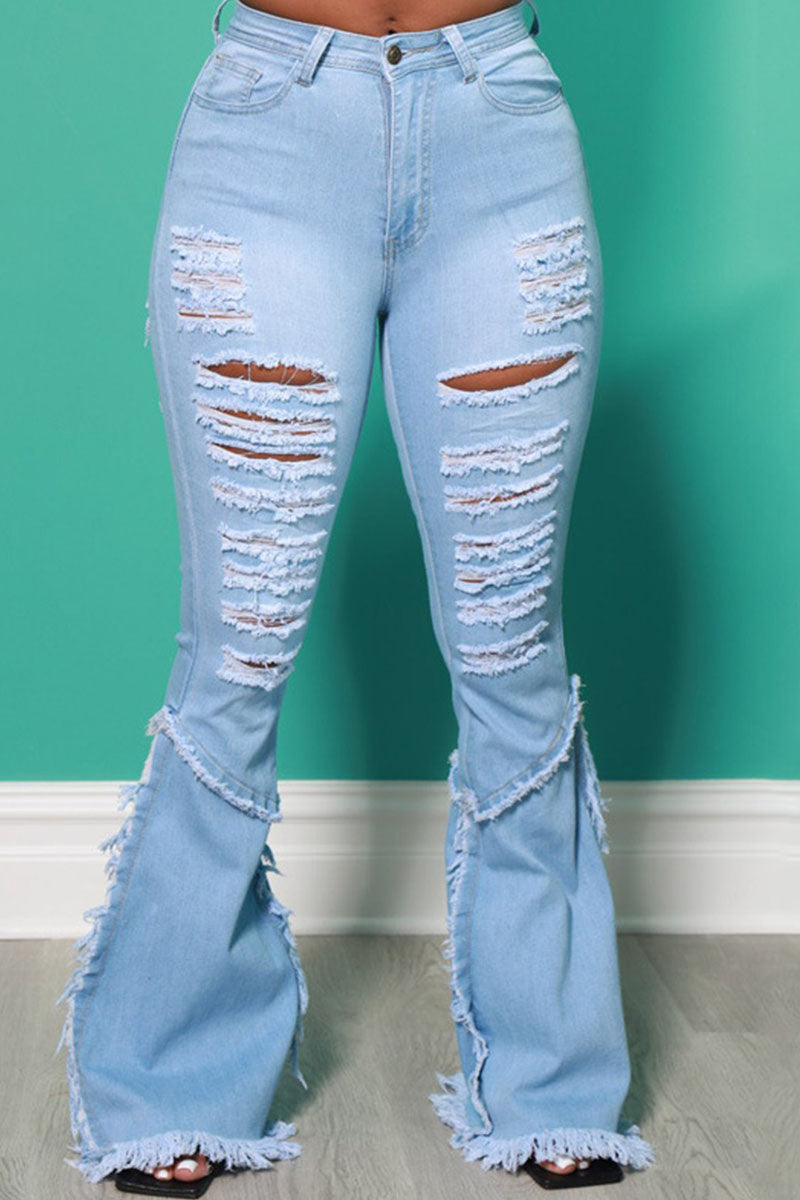 Street Solid Ripped Split Joint High Waist Boot Cut Denim Jeans