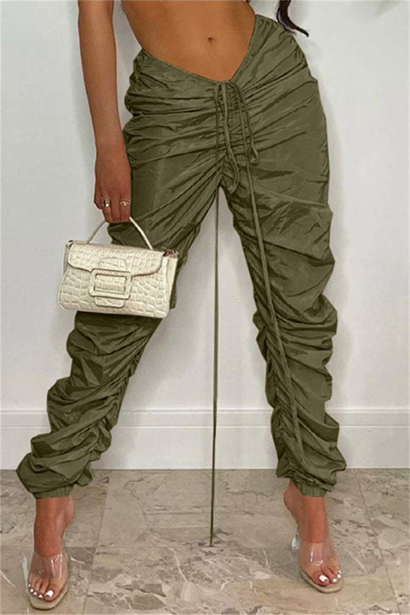 Fashion Casual Solid Fold Regular Mid Waist Trousers