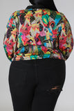 Casual Print Patchwork Buckle Turndown Collar Plus Size Tops