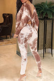 Casual Print Tie Dye Split Joint Backless Knotted O Neck Long Sleeve Two Pieces