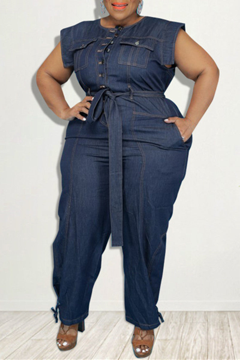 Fashion Casual Solid With Belt O Neck Plus Size Jumpsuits
