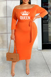 Casual Letter Print With Belt Off the Shoulder One Step Skirt Plus Size Dresses