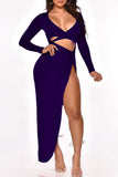 Fashion Sexy Solid Hollowed Out Slit V Neck Long Sleeve Dresses