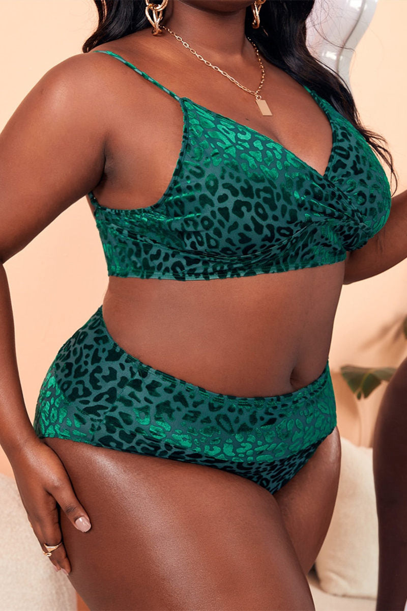 Fashion Sexy Leopard Patchwork Backless V Neck Plus Size Swimwear (With Paddings)