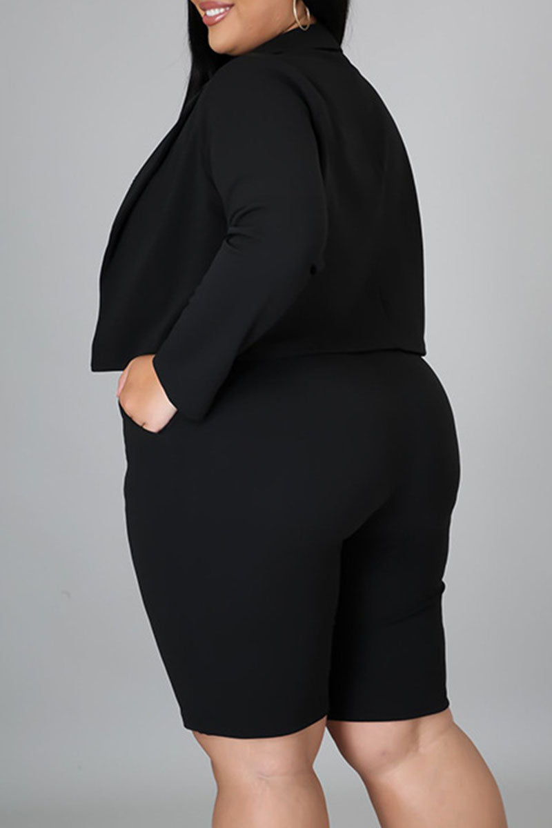 Casual Solid Split Joint Turn-back Collar Plus Size Two Pieces