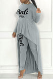 Casual Letter Print Asymmetrical O Neck Long Sleeve Two Pieces