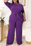 Fashion Casual Solid Backless With Belt Oblique Collar Plus Size Jumpsuits