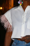 Casual Solid Split Joint Buckle Feathers Turndown Collar Tops