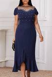 Fashion Plus Size Patchwork Hollowed Out See-through Beading O Neck Evening Dress