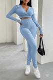 Casual Sportswear Solid Basic V Neck Long Sleeve Two Pieces