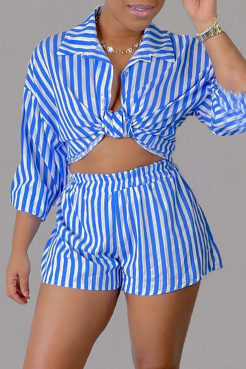 Casual Striped Print Split Joint Turndown Collar Long Sleeve Two Pieces