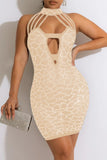 Fashion Sexy Patchwork Hot Drilling Hollowed Out Backless Turtleneck Sleeveless Dress