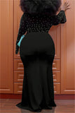 Fashion Casual Solid Split Joint Beading V Neck Long Sleeve Plus Size Dresses