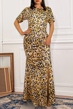 Plus Size Fashion Casual Print Leopard Slit Fold O Neck Short Sleeve Dress