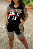 Casual Letter Print Leopard Patchwork O Neck Short Sleeve Two Pieces