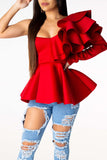 One Shoulder Collar Long Sleeve Solid Patchwork ruffle