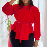 Casual Solid Bandage Split Joint With Belt O Neck Plus Size Tops