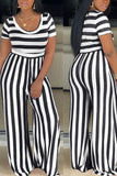 Casual Striped Print Split Joint O Neck Straight Jumpsuits