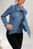 Casual Solid Patchwork With Bow O Neck Long Sleeve Regular Denim Tops