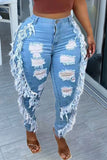 Fashion Casual Solid Ripped Split Joint High Waist Skinny Denim Jeans