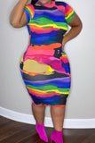 Sexy Print Split Joint O Neck Pencil Skirt Plus Size Dresses