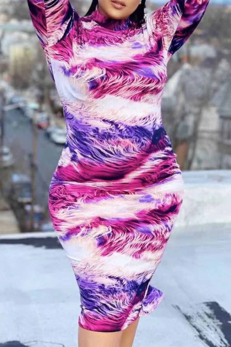 Sexy Print Split Joint Half A Turtleneck Pencil Skirt Plus Size Dresses