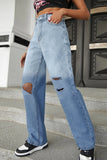 Casual Gradual Change Ripped High Waist Straight Denim Jeans (Without Belt)