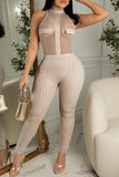 Sexy Print Split Joint See-through O Neck Regular Jumpsuits