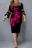 Elegant Print Split Joint O Neck One Step Skirt Plus Size Dresses