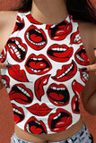 Fashion Casual Lips Printed Basic O Neck Tops