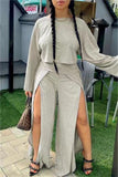 Fashion Casual Solid Split Joint Slit O Neck Long Sleeve Two Pieces