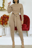 Fashion Casual Solid With Belt O Neck Long Sleeve Two Pieces