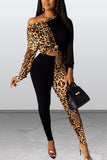 Casual Print Leopard Split Joint O Neck Long Sleeve Two Pieces
