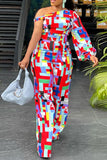 Casual Daily Elegant Mixed Printing Asymmetrical Printing Contrast One Shoulder Regular Jumpsuits