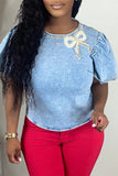 Fashion Casual Patchwork Pearl With Bow O Neck Short Sleeve Regular Denim Tops