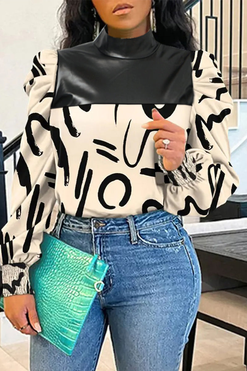 Casual Daily Print Patchwork Turtleneck Tops