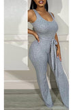 Casual Daily Simplicity With Belt Solid Color Skinny Jumpsuits