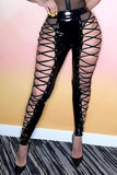 Fashion Sexy Solid Hollowed Out Strap Design Skinny High Waist Pencil Trousers