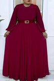 Fashion Casual Solid Split Joint With Belt O Neck Long Sleeve Plus Size Dresses