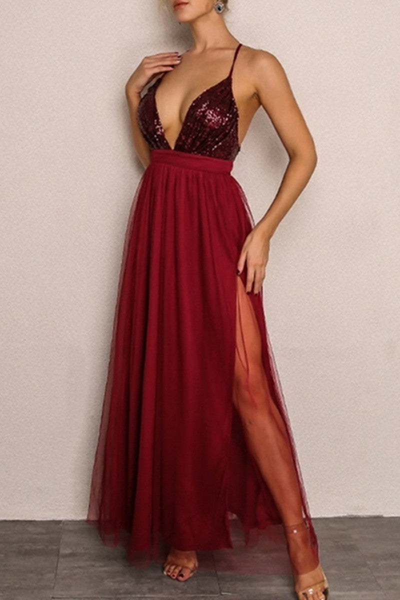 Sexy Patchwork Sequins Backless Spaghetti Strap Long Dress
