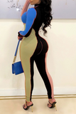 Sexy Color Block Solid Color O Neck Skinny Jumpsuits